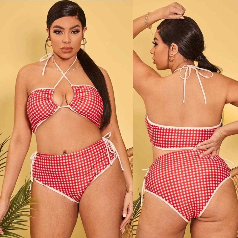 womens halter top‎ bikini red white plus size 2X Gingham Print